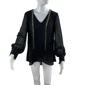 NWT Jennifer Lopez Womens M Black Sheer Blouse Rhinestone Details Bishop Sleeves